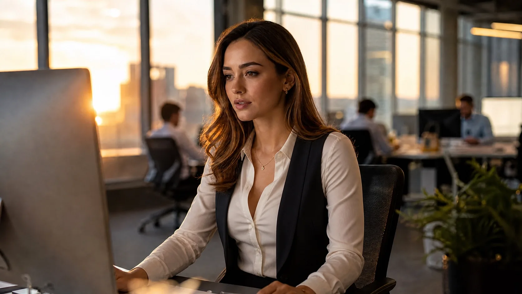 Mujer profesional en oficina usando IA